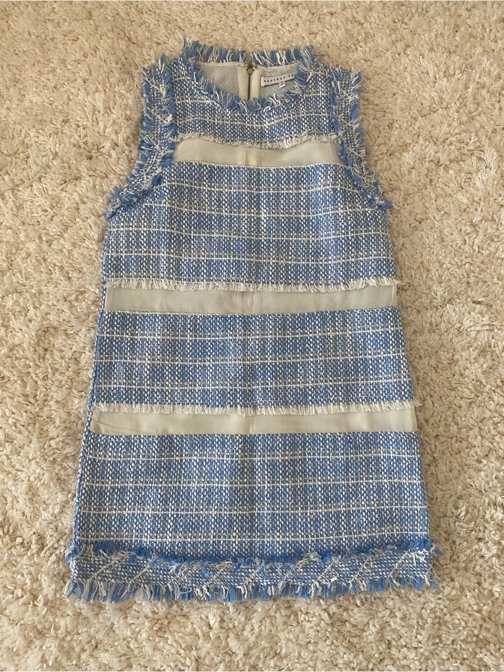 Endless Rose Sleeveless Blue Tweed Shift Dress with Fringe